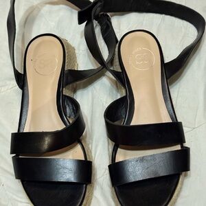 Sfera Black strappy Leather Women's Sandals sz 6 w small raffa wedge